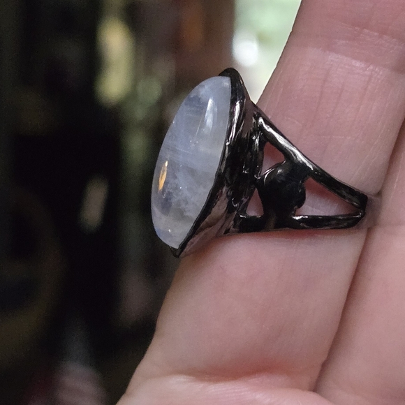 Moonstone 14k marquis cut STUNNING sterling & rhodium ring sz 7.5 - Picture 6 of 8